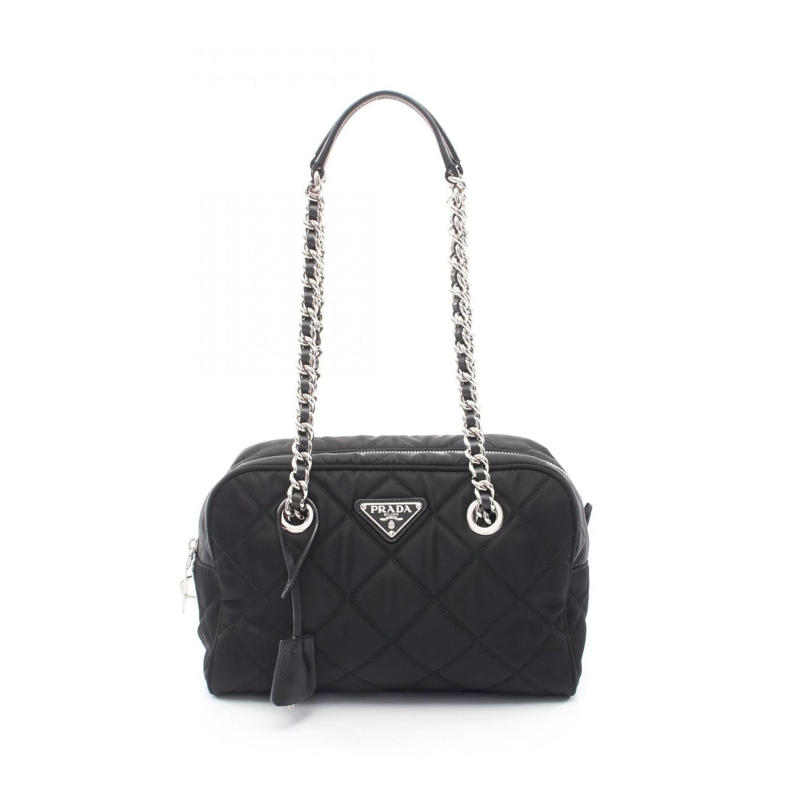 Prada Shoulder Bag Tessuto Impuntu Black Nylon Triangle Logo Quilted Chain