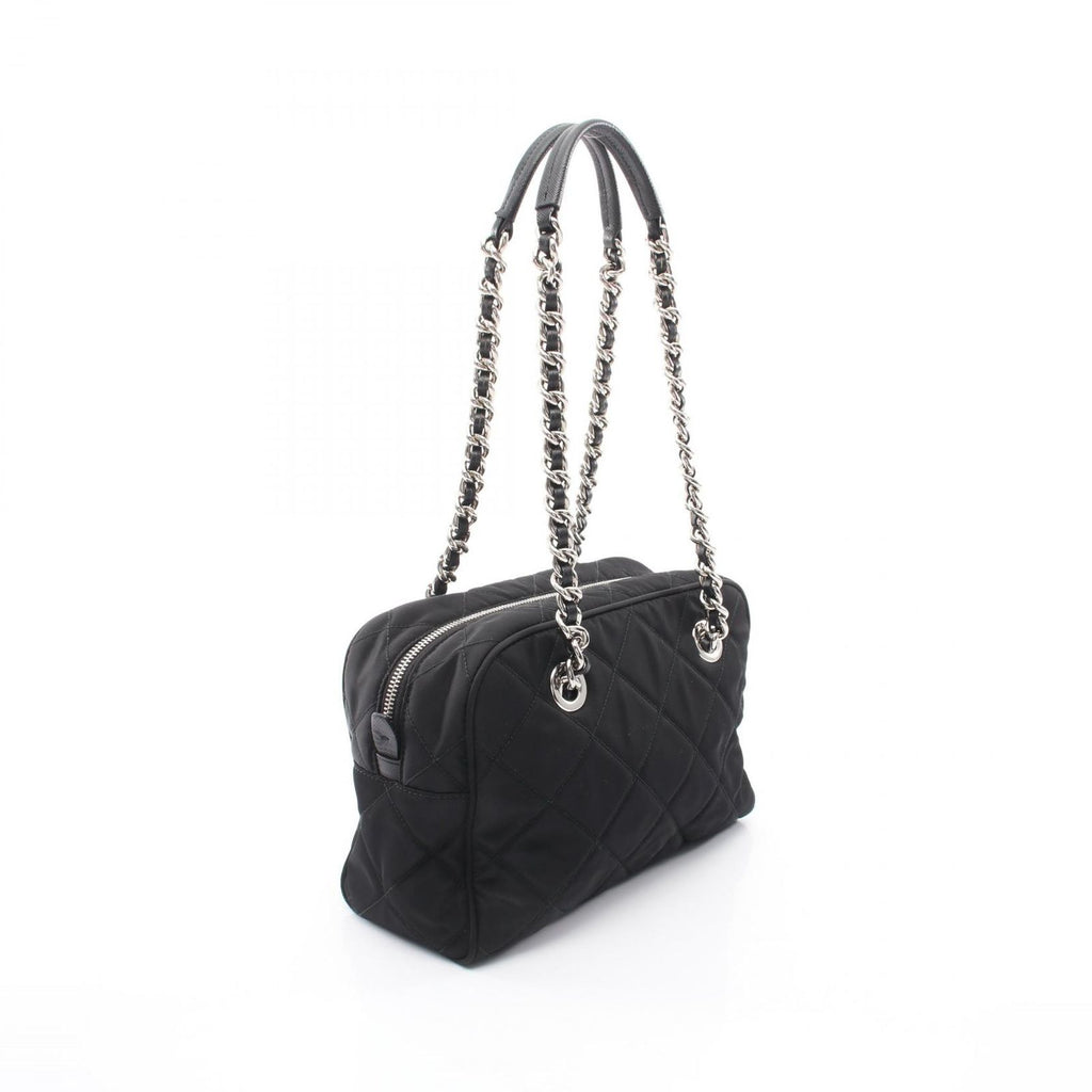 Prada Shoulder Bag Tessuto Impuntu Black Nylon Triangle Logo Quilted Chain — view 2