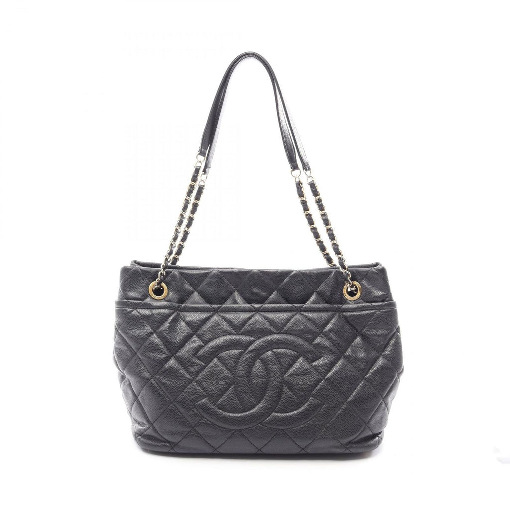 Chanel Tote Quilted Black Caviar Leather CC Logo Chain