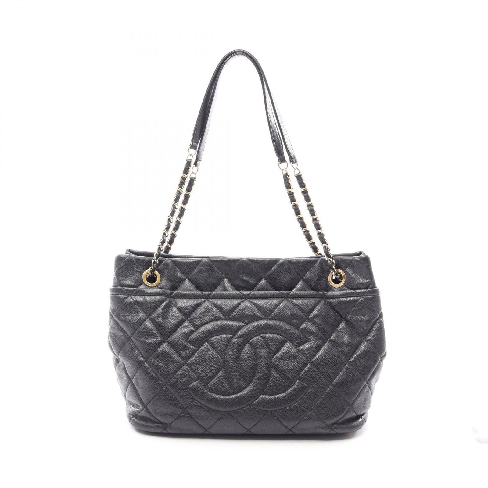 Chanel Tote Quilted Black Caviar Leather CC Logo Chain