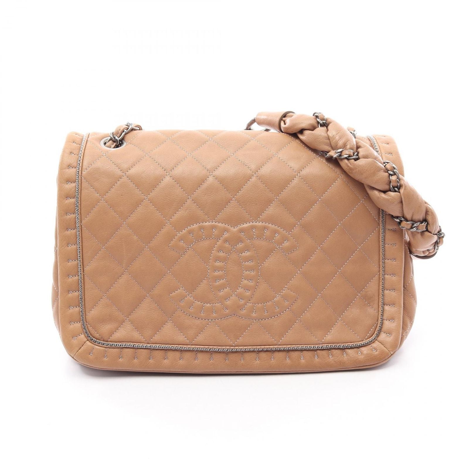 Chanel Shoulder Bag Quilted Beige Leather CC Logo Chain