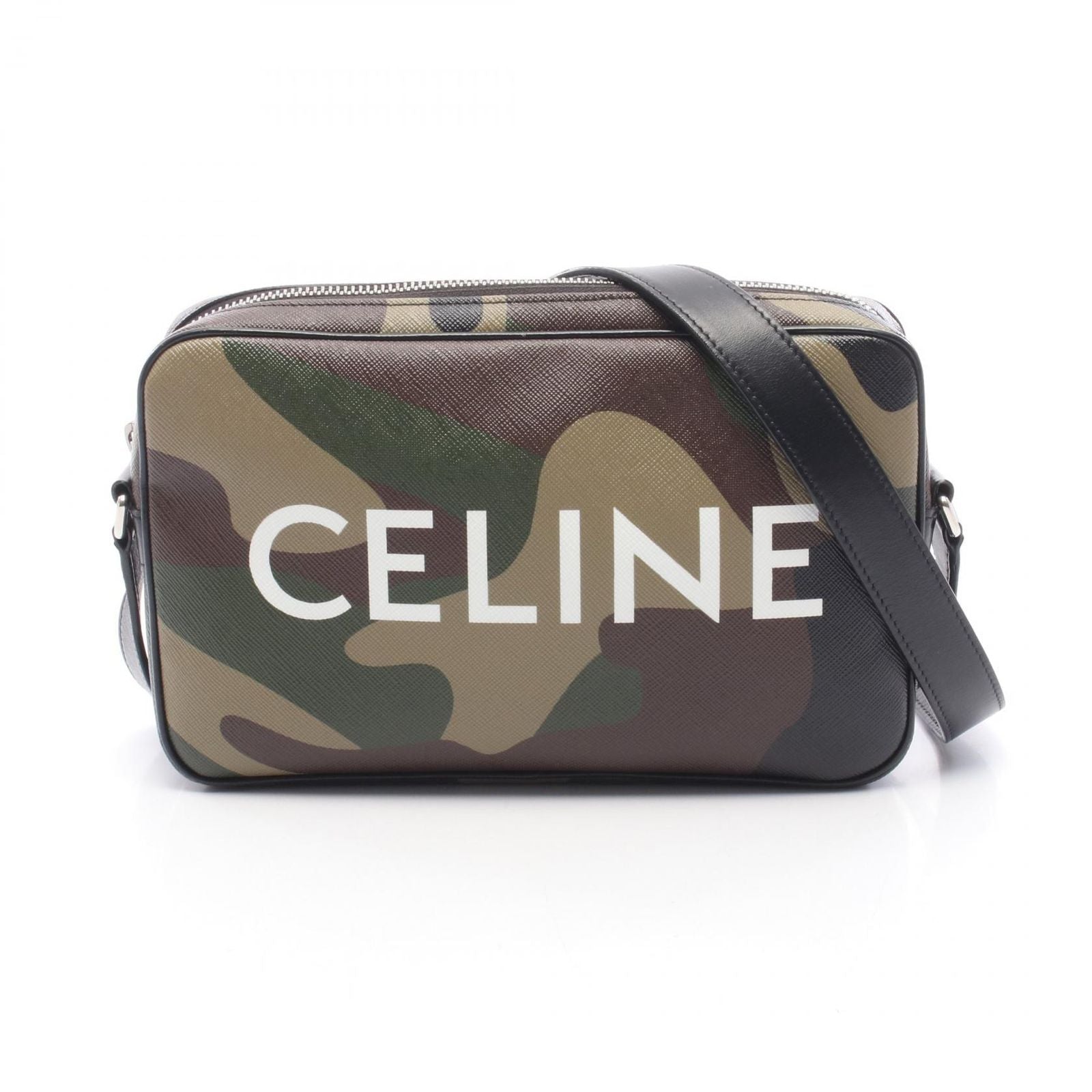 Celine Shoulder Bag Camouflage Khaki Beige Canvas Leather