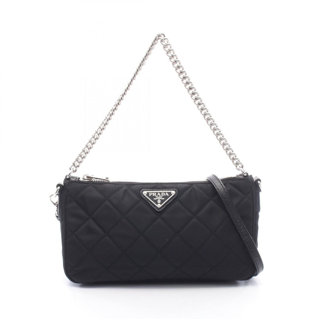 Prada Shoulder Bag Quilted 2-Way Black Nylon Leather Triangle Logo
