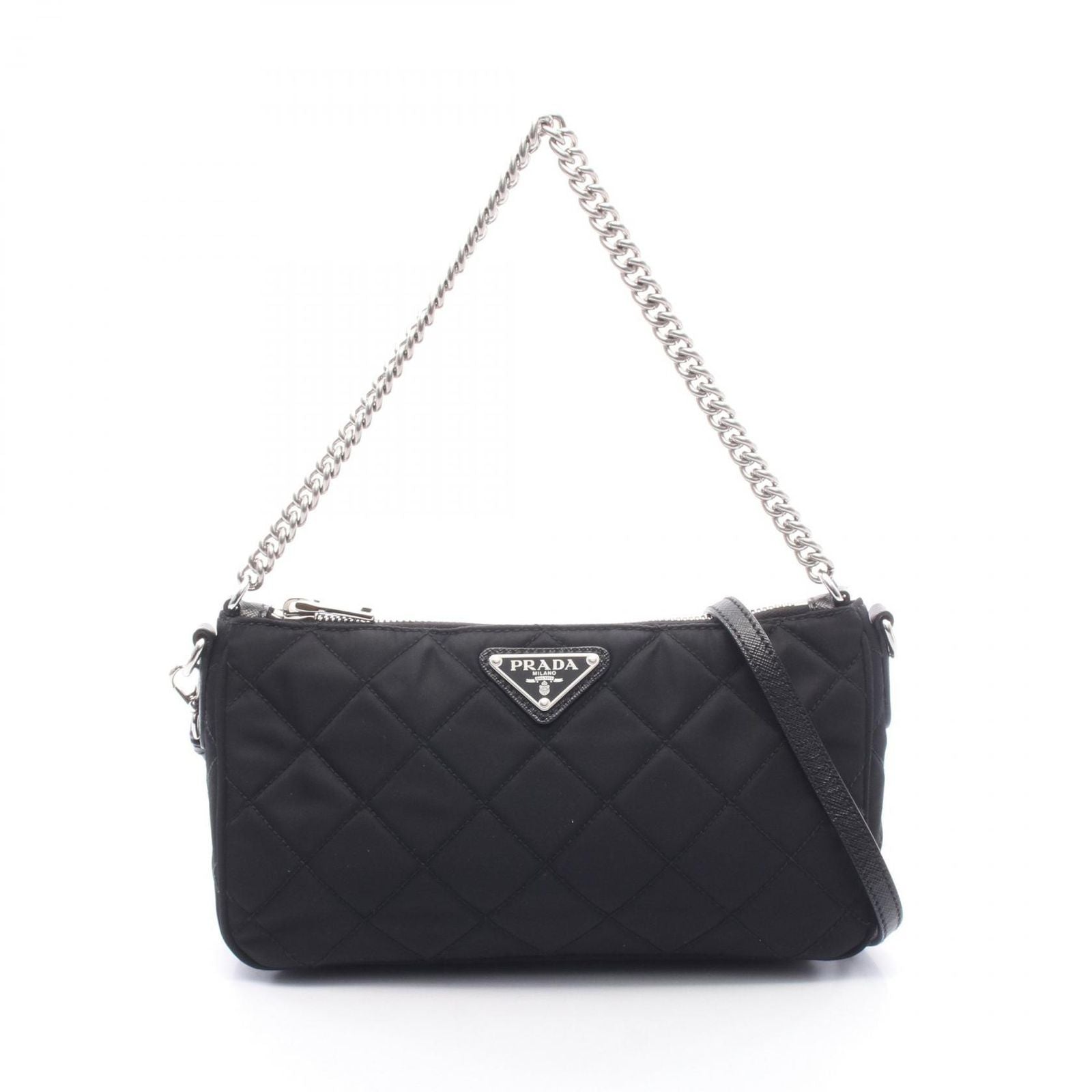 Prada Shoulder Bag Quilted 2-Way Black Nylon Leather Triangle Logo
