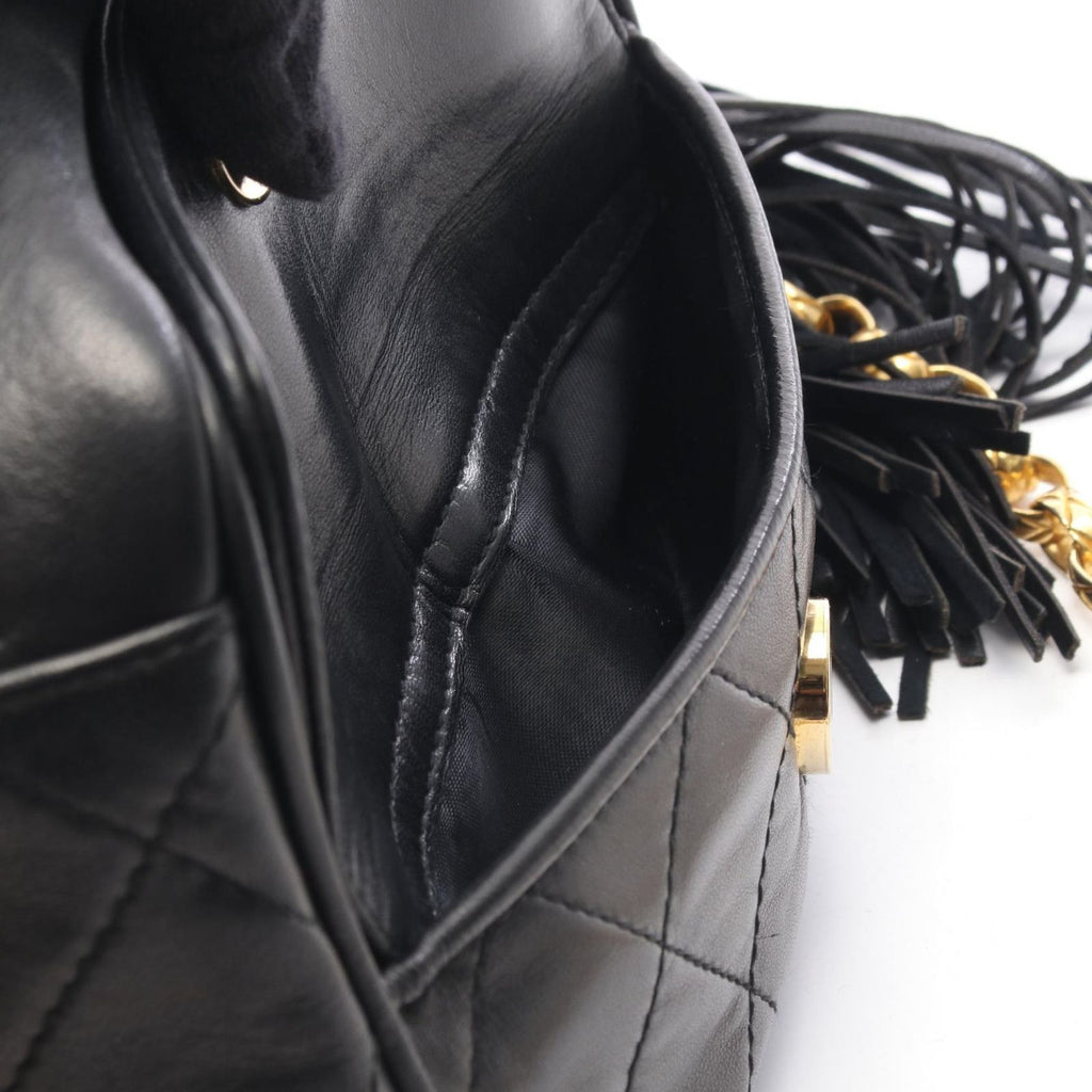 Chanel Shoulder Bag Quilted Fringe Mini Chain Black Lambskin — view 8