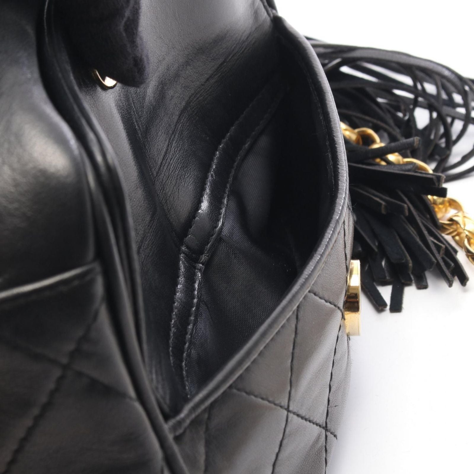 Chanel Shoulder Bag Quilted Fringe Mini Chain Black Lambskin — view 8