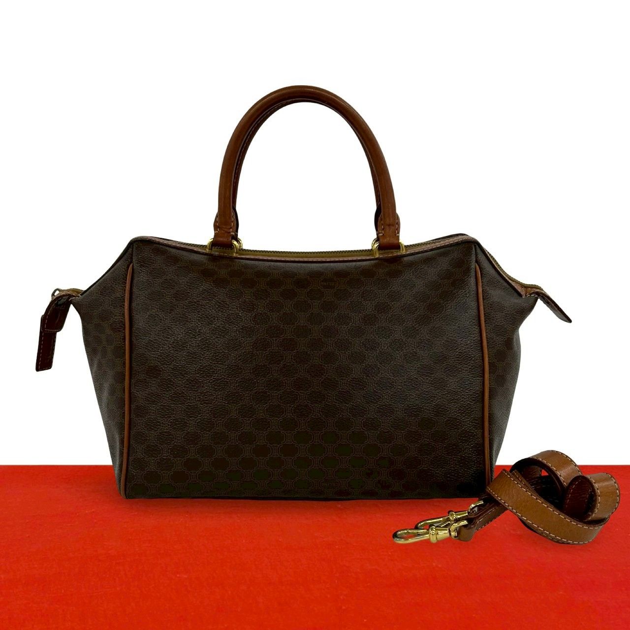 Celine Vintage Macadam Blason Pattern Leather 2-Way Shoulder Bag Brown