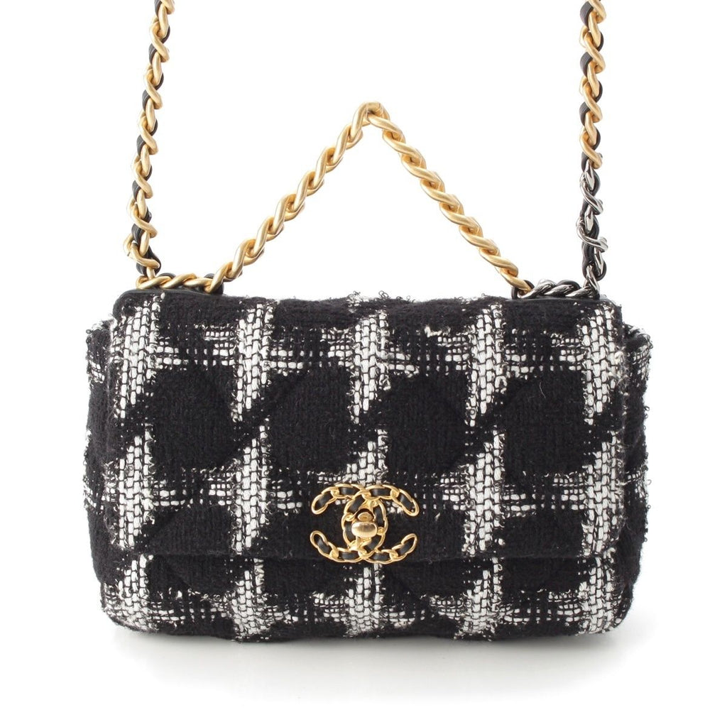 Chanel 19 Tweed Chain Shoulder Bag White Black Gold Silver