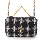 Chanel 19 Tweed Chain Shoulder Bag White Black Gold Silver