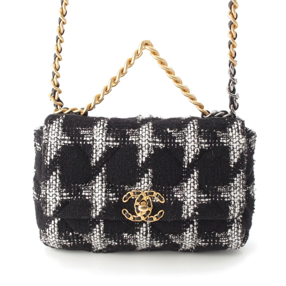 Chanel 19 Tweed Chain Shoulder Bag White Black Gold Silver