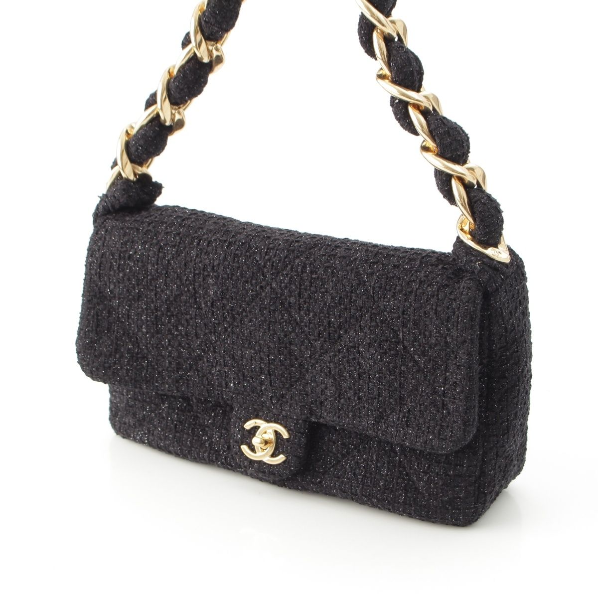 Chanel 25k Tweed Large Flap Chain Hobo Shoulder Bag Black Gold — view 3