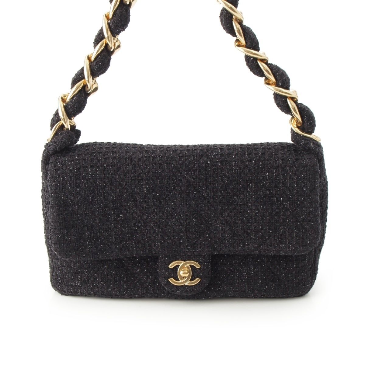 Chanel 25k Tweed Large Flap Chain Hobo Shoulder Bag Black Gold — view 2