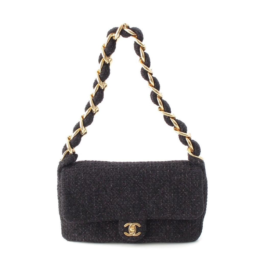 Chanel 25k Tweed Large Flap Chain Hobo Shoulder Bag Black Gold