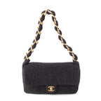 Chanel 25k Tweed Large Flap Chain Hobo Shoulder Bag Black Gold