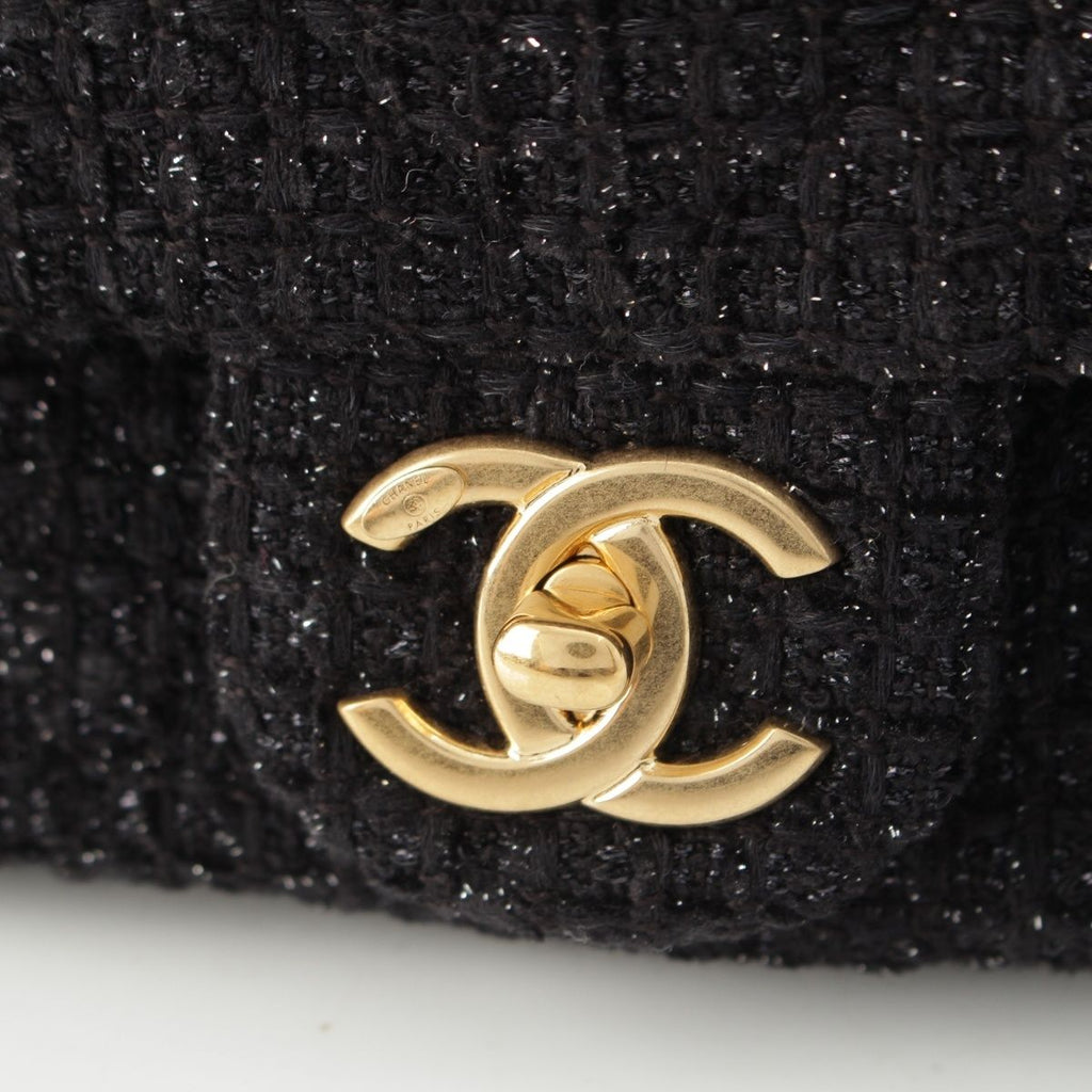 Chanel 25k Tweed Large Flap Chain Hobo Shoulder Bag Black Gold — view 9