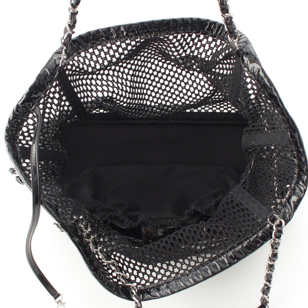 Chanel Mesh Patent Leather Quilted Single Flap Double Chain Set Tote Black — view 7