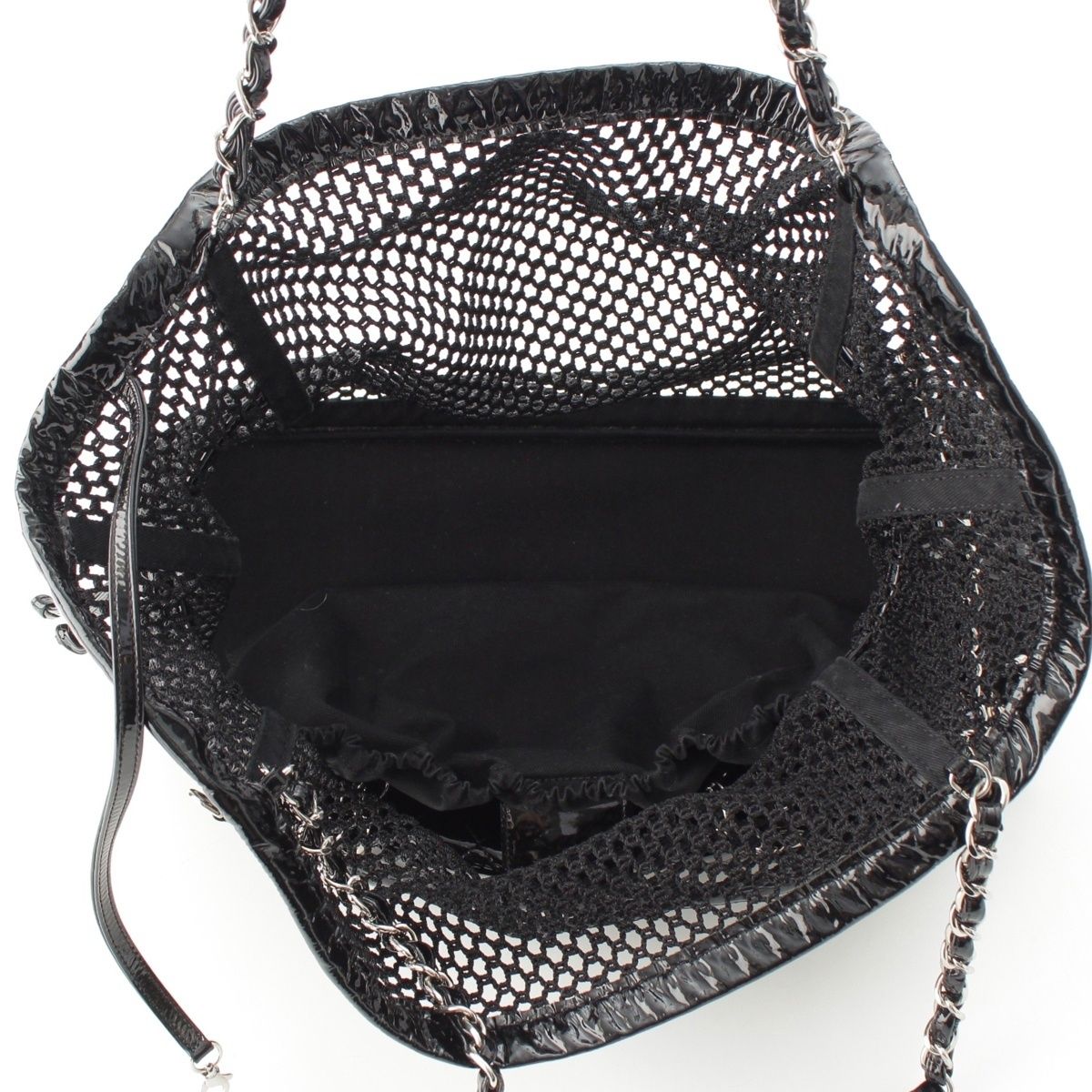 Chanel Mesh Patent Leather Quilted Single Flap Double Chain Set Tote Black — view 7