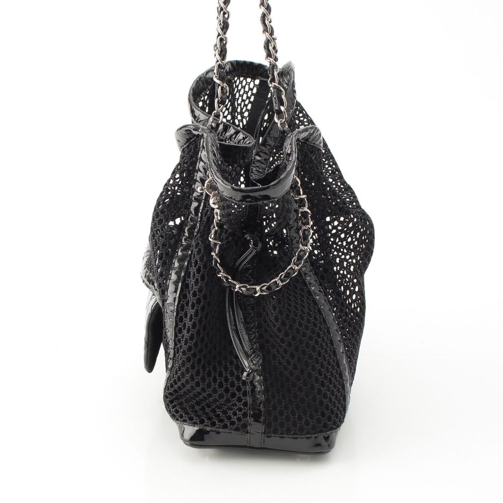 Chanel Mesh Patent Leather Quilted Single Flap Double Chain Set Tote Black — view 4