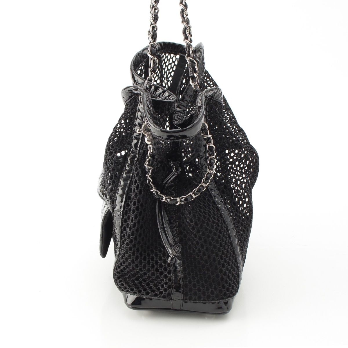 Chanel Mesh Patent Leather Quilted Single Flap Double Chain Set Tote Black — view 4
