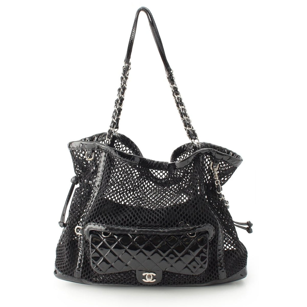 Chanel Mesh Patent Leather Quilted Single Flap Double Chain Set Tote Black