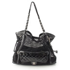 Chanel Mesh Patent Leather Quilted Single Flap Double Chain Set Tote Black