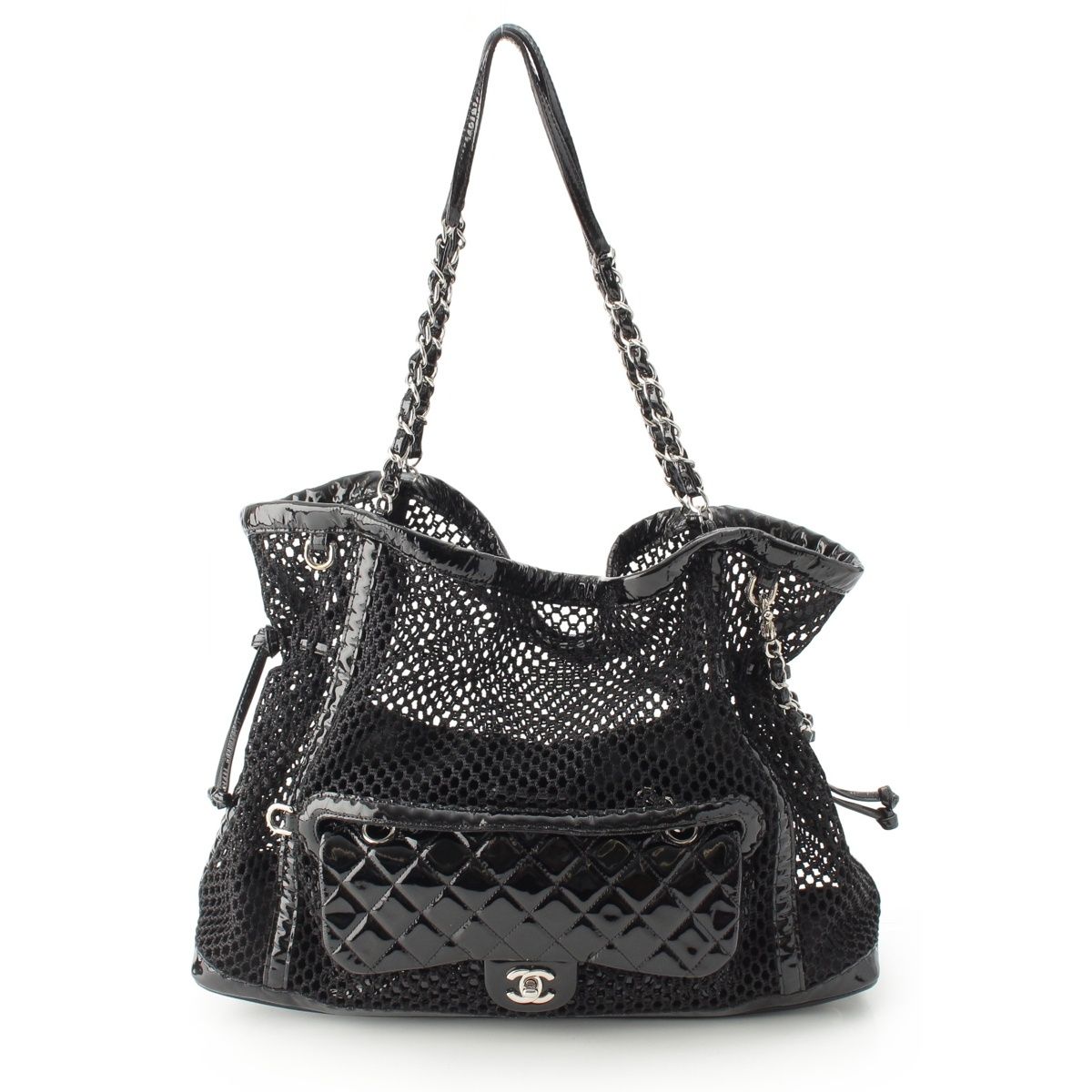 Chanel Mesh Patent Leather Quilted Single Flap Double Chain Set Tote Black