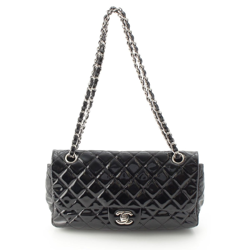 Chanel Mesh Patent Leather Quilted Single Flap Double Chain Set Tote Black — view 2
