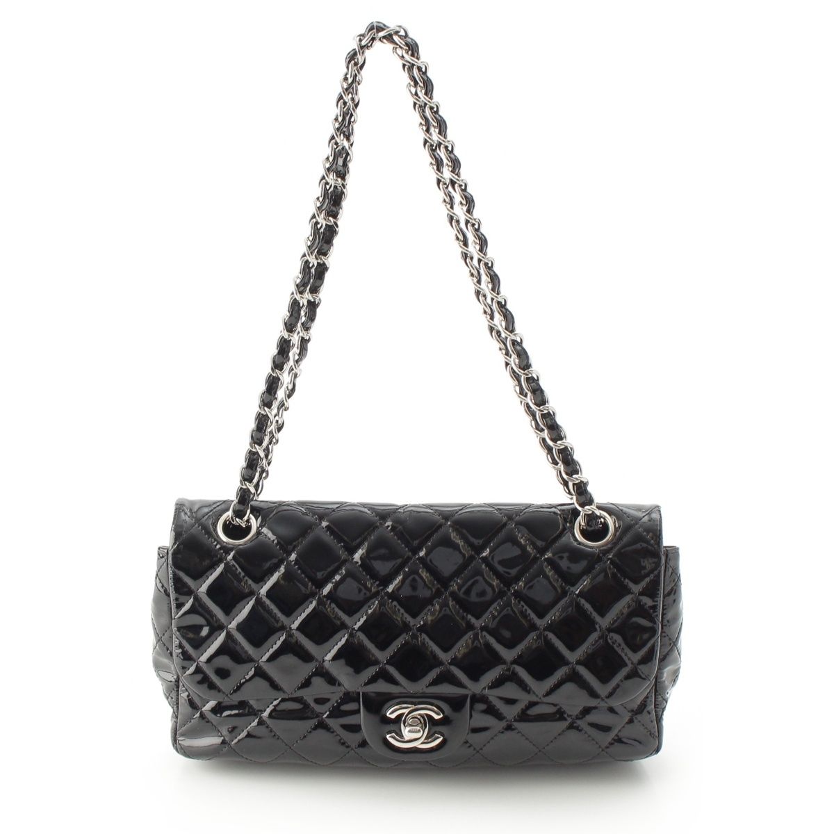Chanel Mesh Patent Leather Quilted Single Flap Double Chain Set Tote Black — view 2