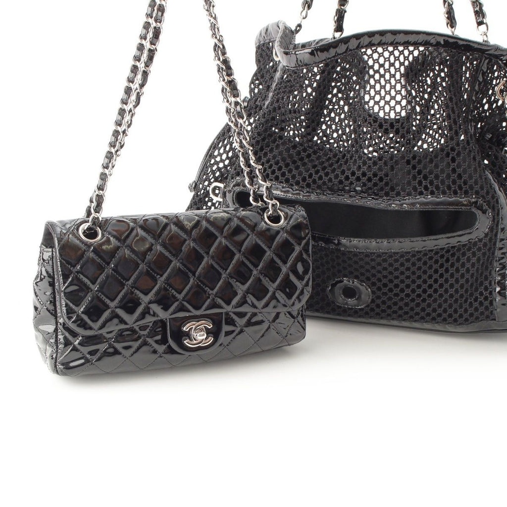 Chanel Mesh Patent Leather Quilted Single Flap Double Chain Set Tote Black — view 3