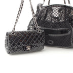 Chanel Mesh Patent Leather Quilted Single Flap Double Chain Set Tote Black — view 3