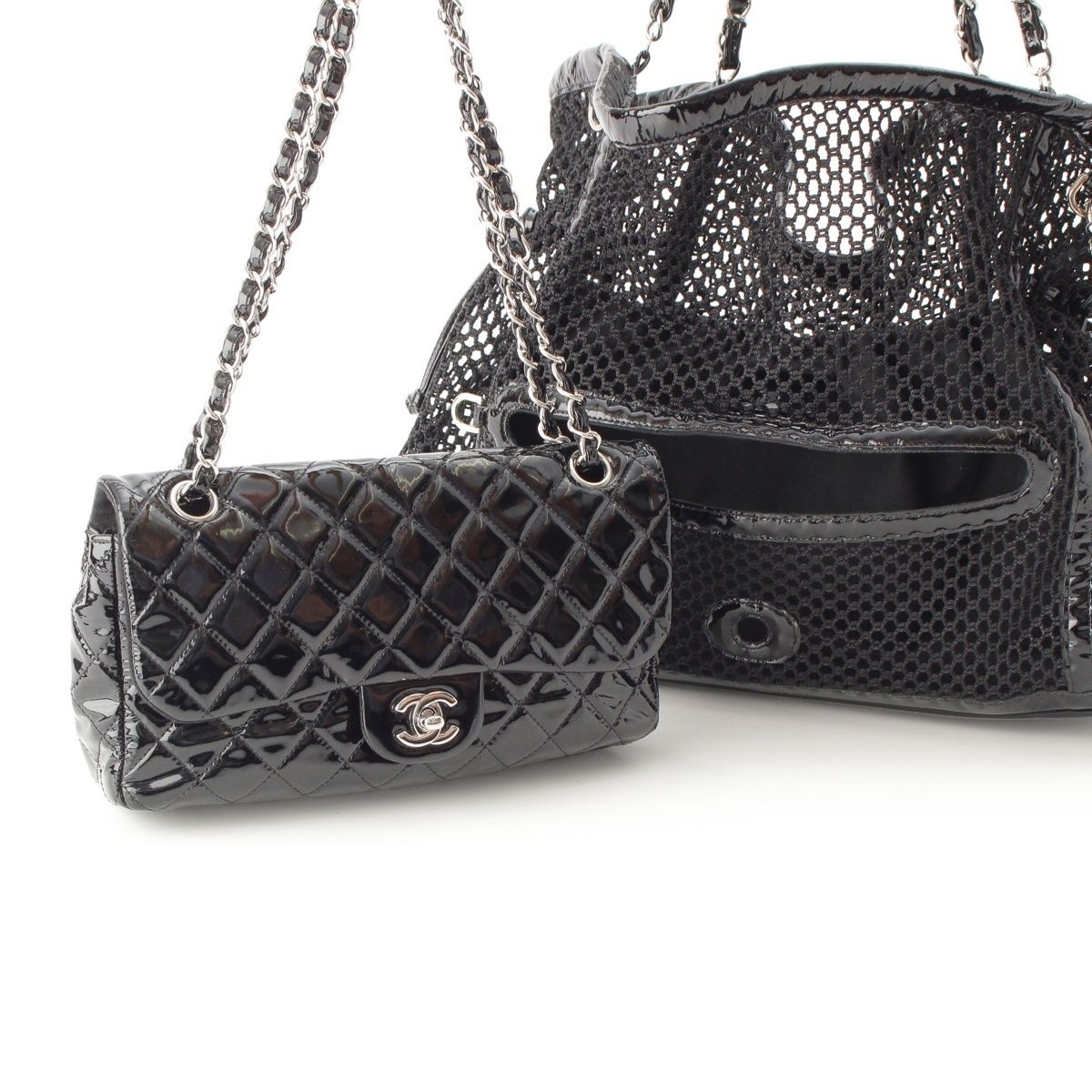 Chanel Mesh Patent Leather Quilted Single Flap Double Chain Set Tote Black — view 3