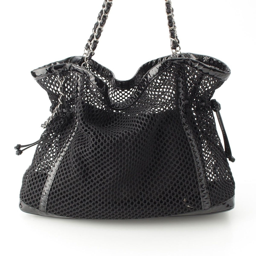 Chanel Mesh Patent Leather Quilted Single Flap Double Chain Set Tote Black — view 5