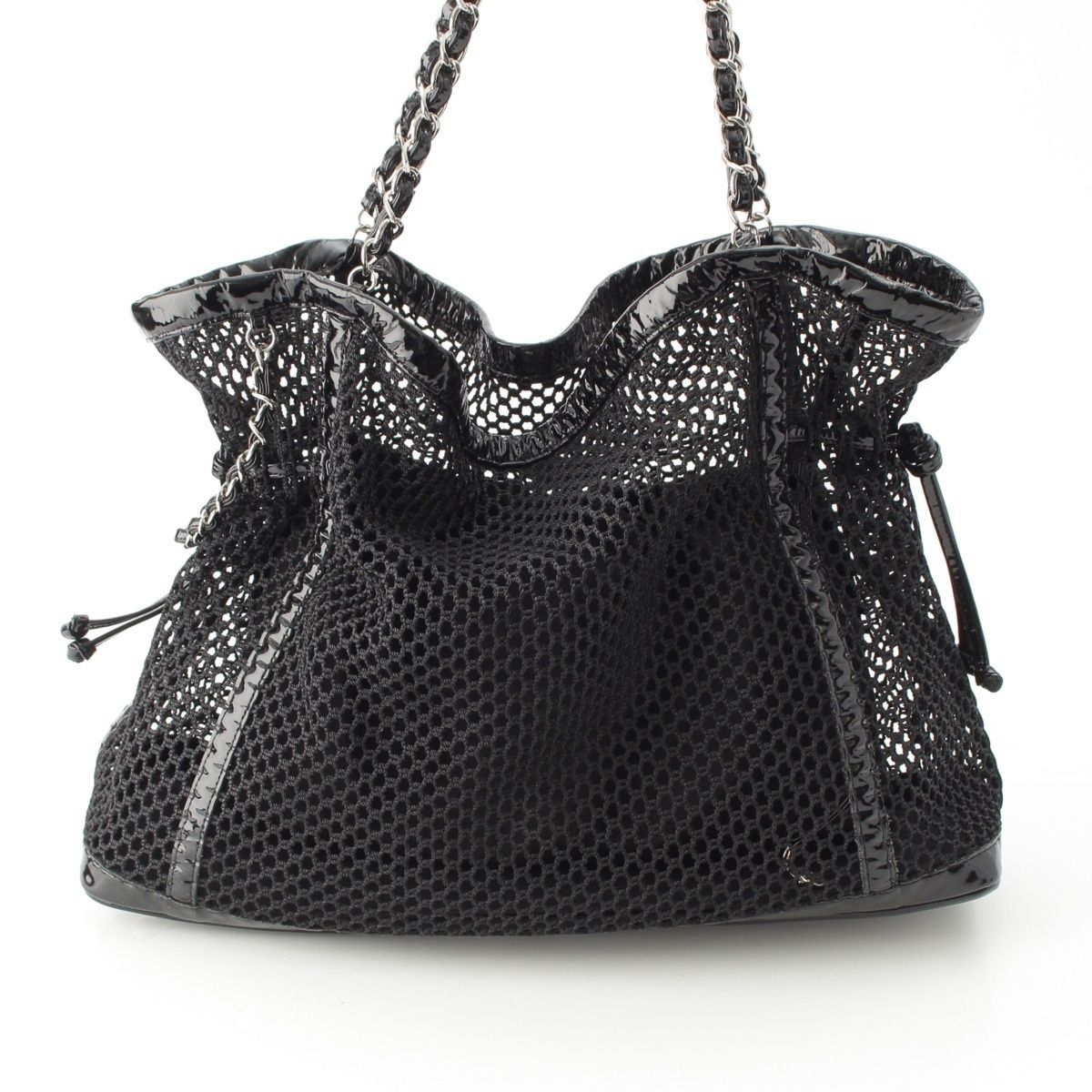 Chanel Mesh Patent Leather Quilted Single Flap Double Chain Set Tote Black — view 5