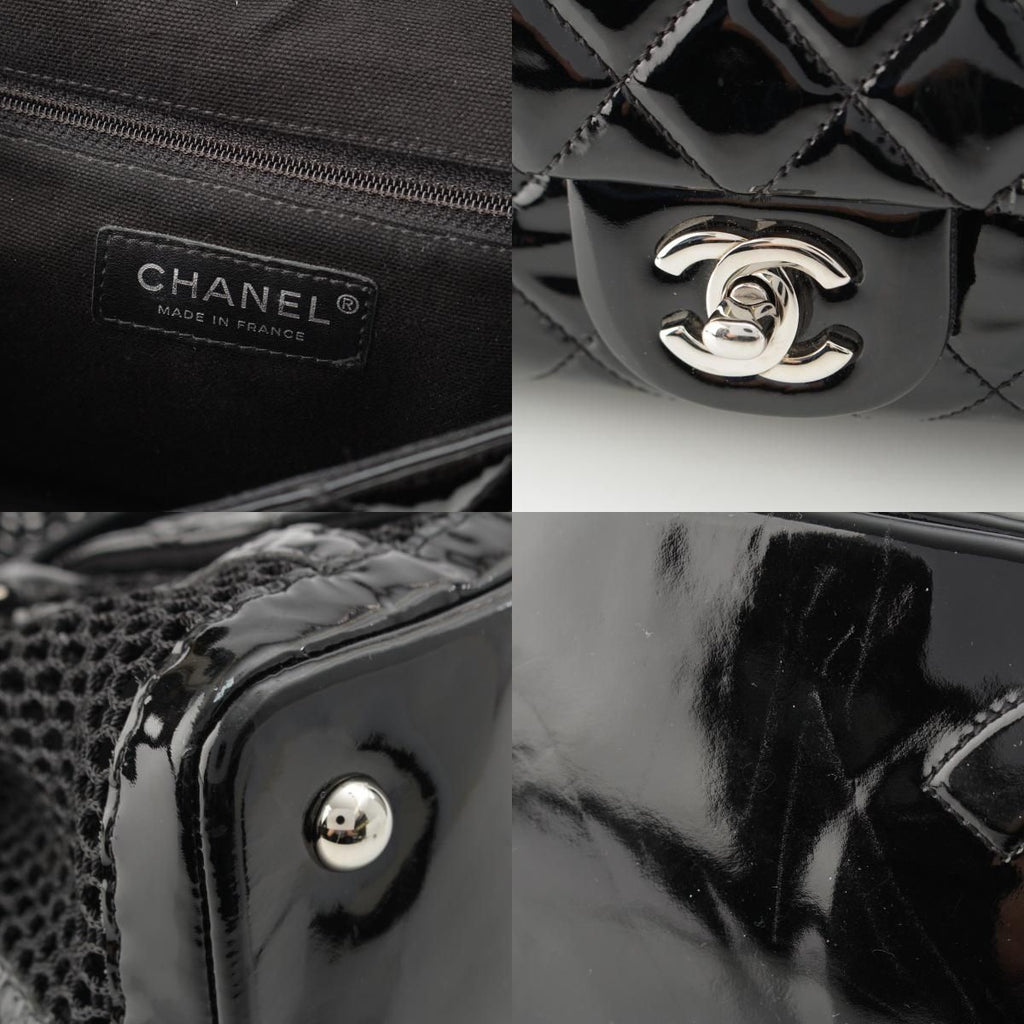 Chanel Mesh Patent Leather Quilted Single Flap Double Chain Set Tote Black — view 9