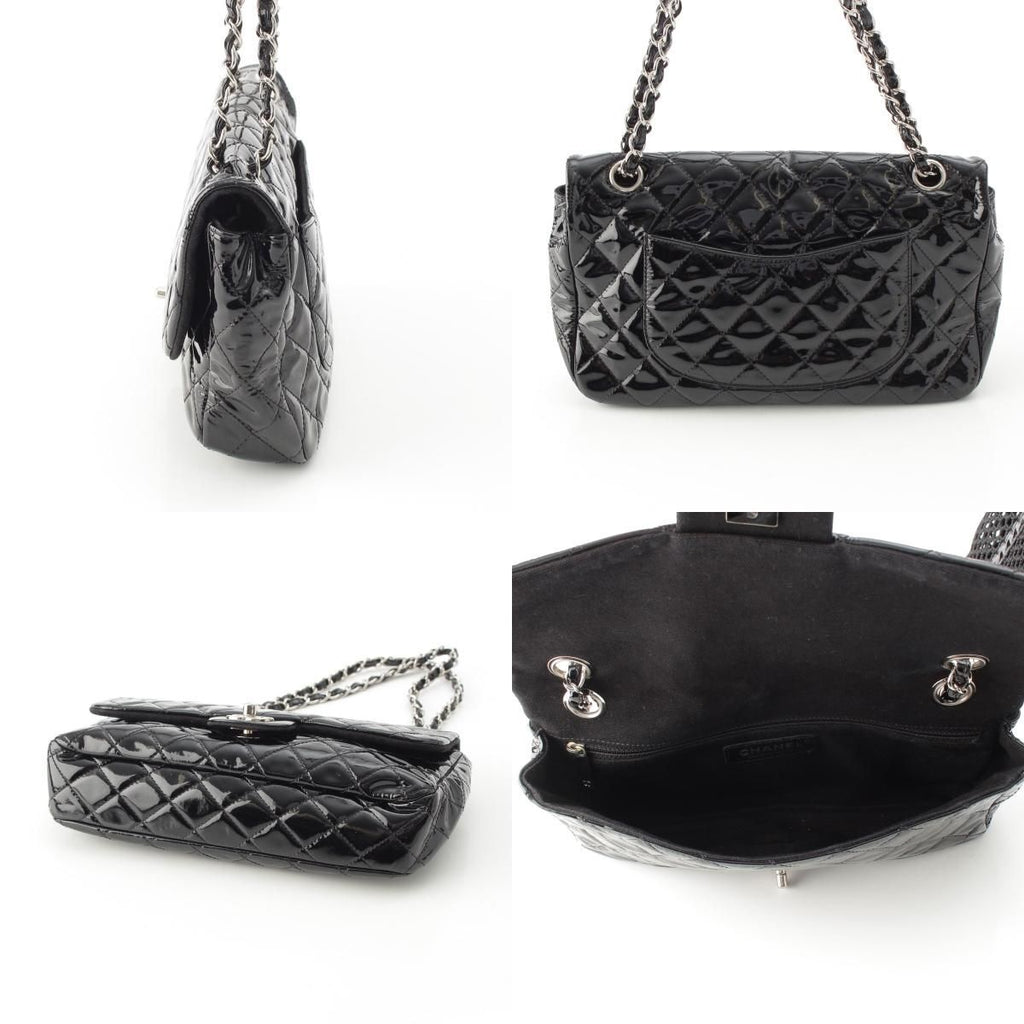 Chanel Mesh Patent Leather Quilted Single Flap Double Chain Set Tote Black — view 8