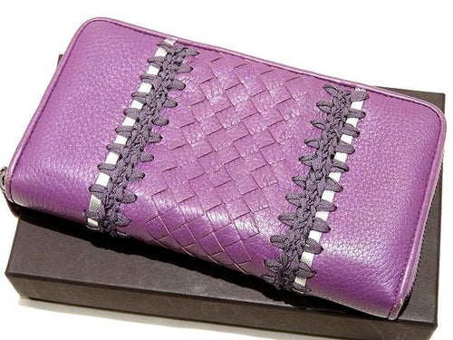 Bottega Veneta Zip Around Wallet Purple Intrecciato Leather Ribbon Rope