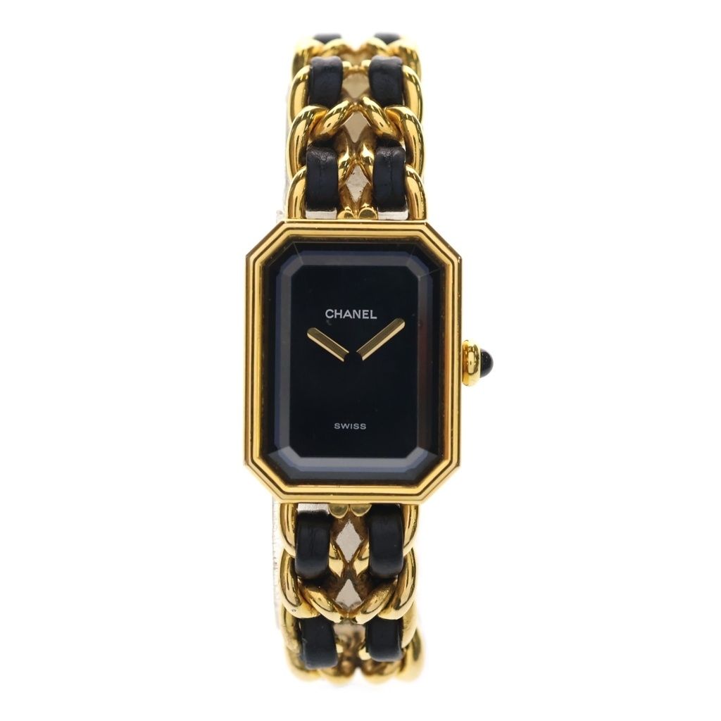 Chanel Premier M Black Dial Square Chain Leather Quartz Watch Gold