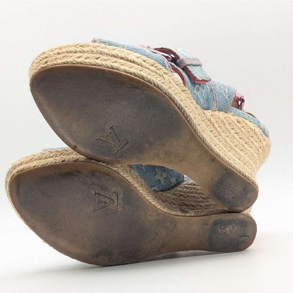 Louis Vuitton Monogram Denim Wedge Sole Sandals Blue Heels Espadrilles — view 7