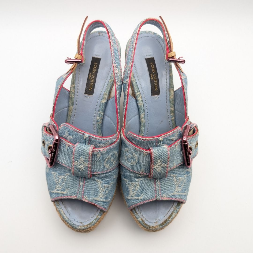 Louis Vuitton Monogram Denim Wedge Sole Sandals Blue Heels Espadrilles — view 6