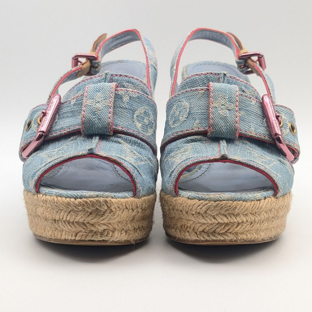 Louis Vuitton Monogram Denim Wedge Sole Sandals Blue Heels Espadrilles — view 4