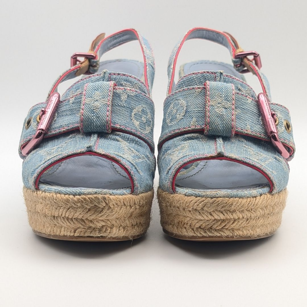 Louis Vuitton Monogram Denim Wedge Sole Sandals Blue Heels Espadrilles — view 4