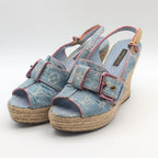 Louis Vuitton Monogram Denim Wedge Sole Sandals Blue Heels Espadrilles