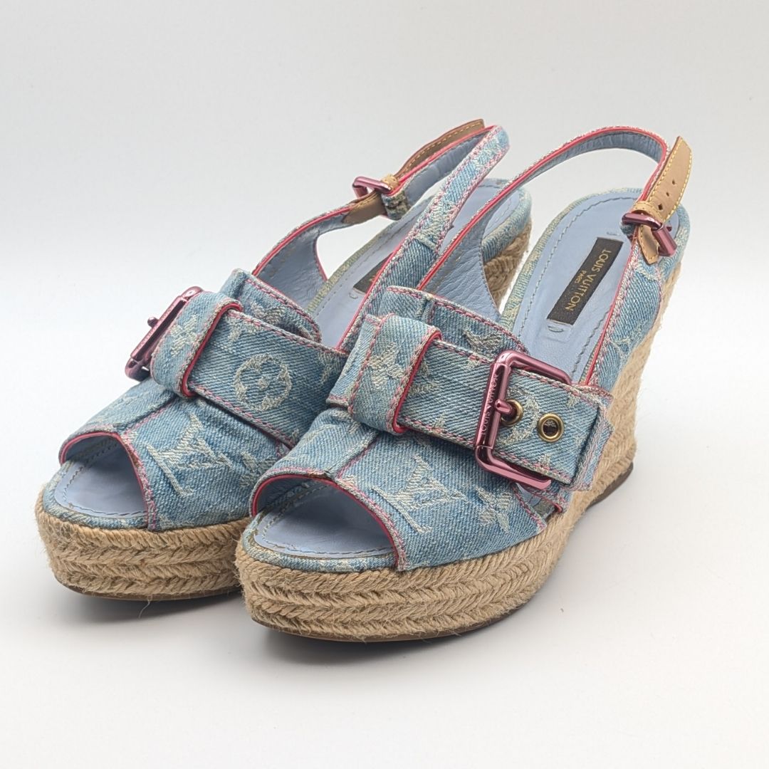 Louis Vuitton Monogram Denim Wedge Sole Sandals Blue Heels Espadrilles