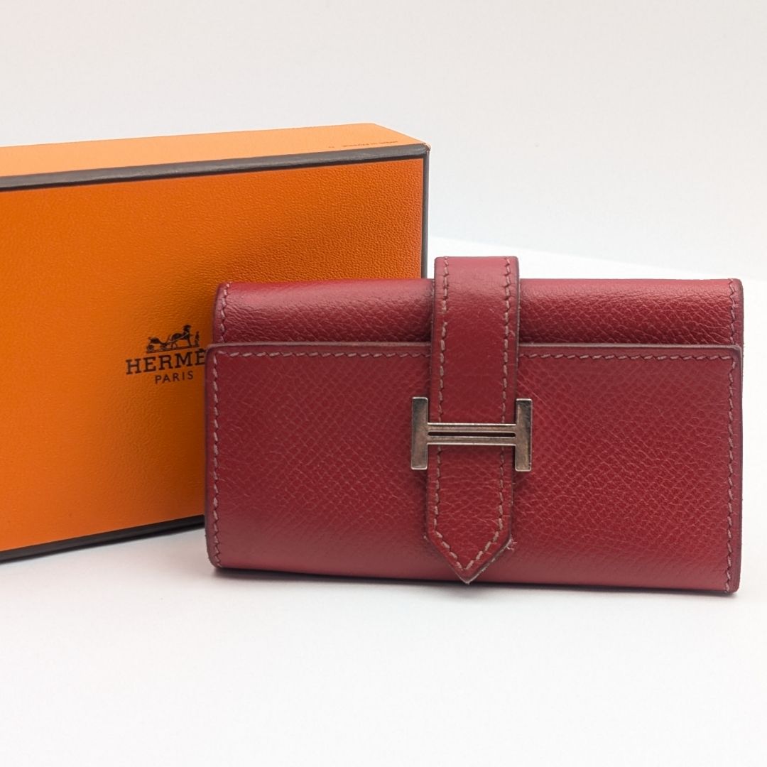 Hermes Bearn Key Case Red Silver Leather Quadruple Strand Key Holder