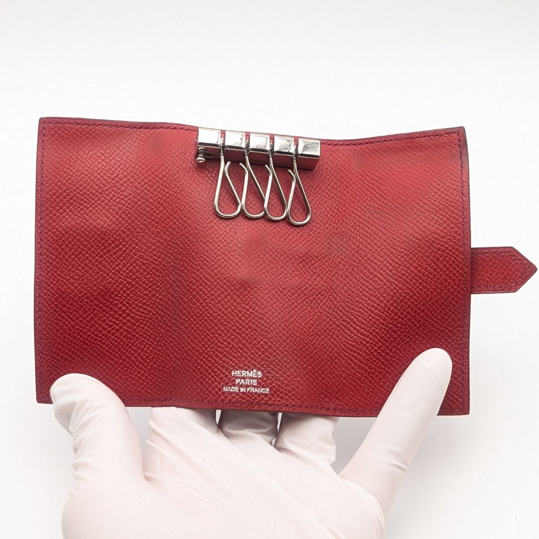 Hermes Bearn Key Case Red Silver Leather Quadruple Strand Key Holder — view 8