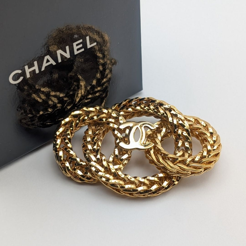 Chanel Brooch CC Logo Gold Ring Triple Strand First Era Vintage