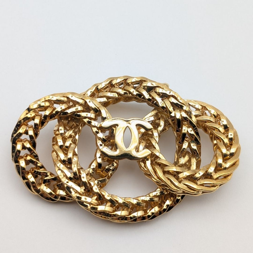 Chanel Brooch CC Logo Gold Ring Triple Strand First Era Vintage
