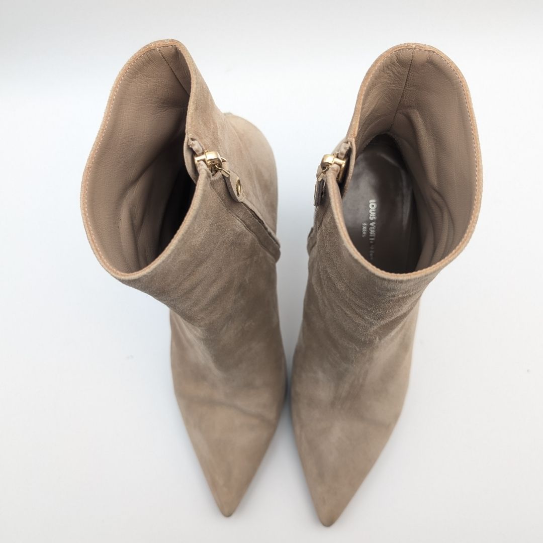 Louis Vuitton Ultimate Line Suede Beige Boots High Heels Pin Side Zip Shoes — view 6