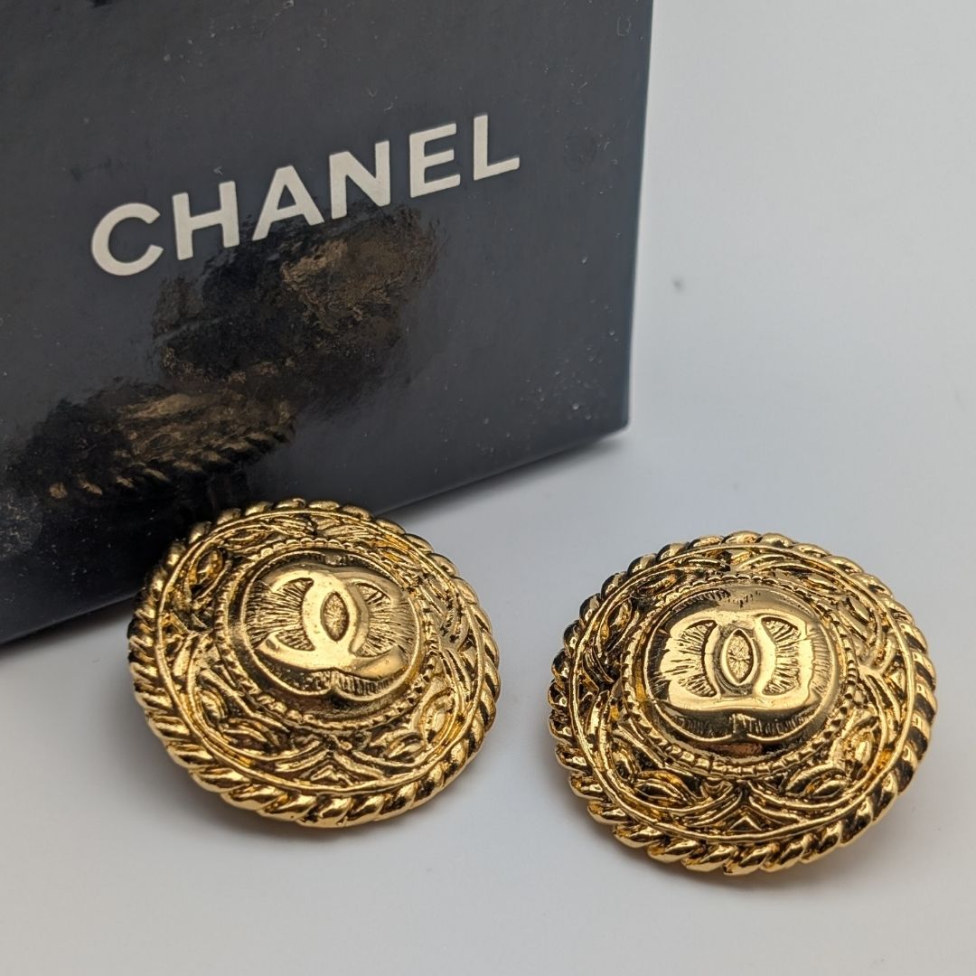 Chanel Earrings CC Logo Gold Large Round Twist First Era Vintage