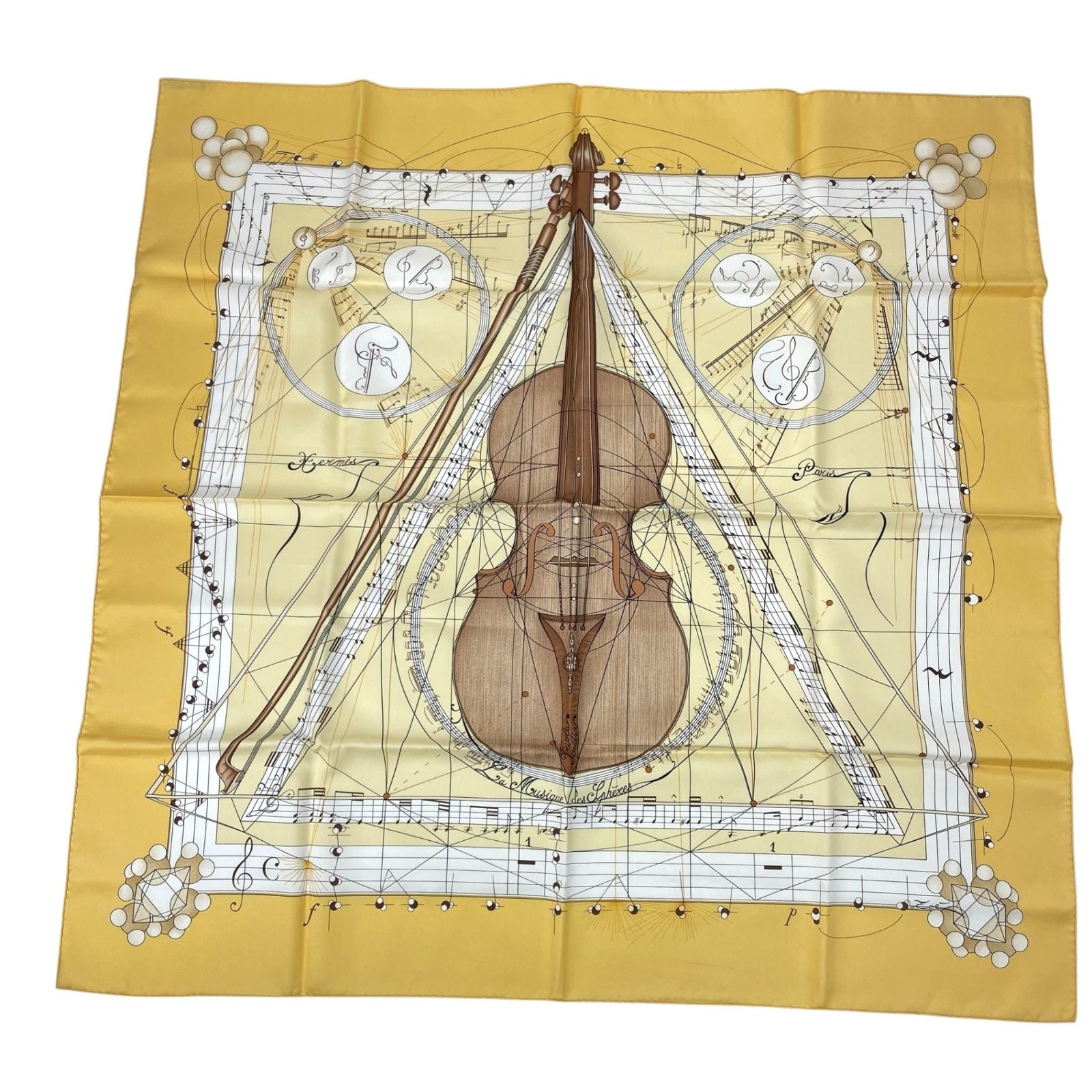 Hermes Scarf Silk Carre 90 Music Played by Spheres la Musique Des Yellow